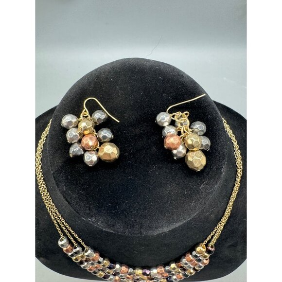 Multi-Strand Beaded Necklace & Earrings Set pierced gold bronze color clasp READ - Picture 2 of 4